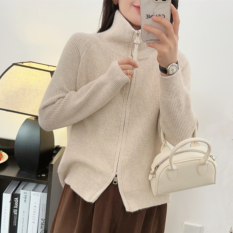 加厚毛衣打底衫女秋冬新款时尚休闲内搭双拉链立领针织衫开衫上衣