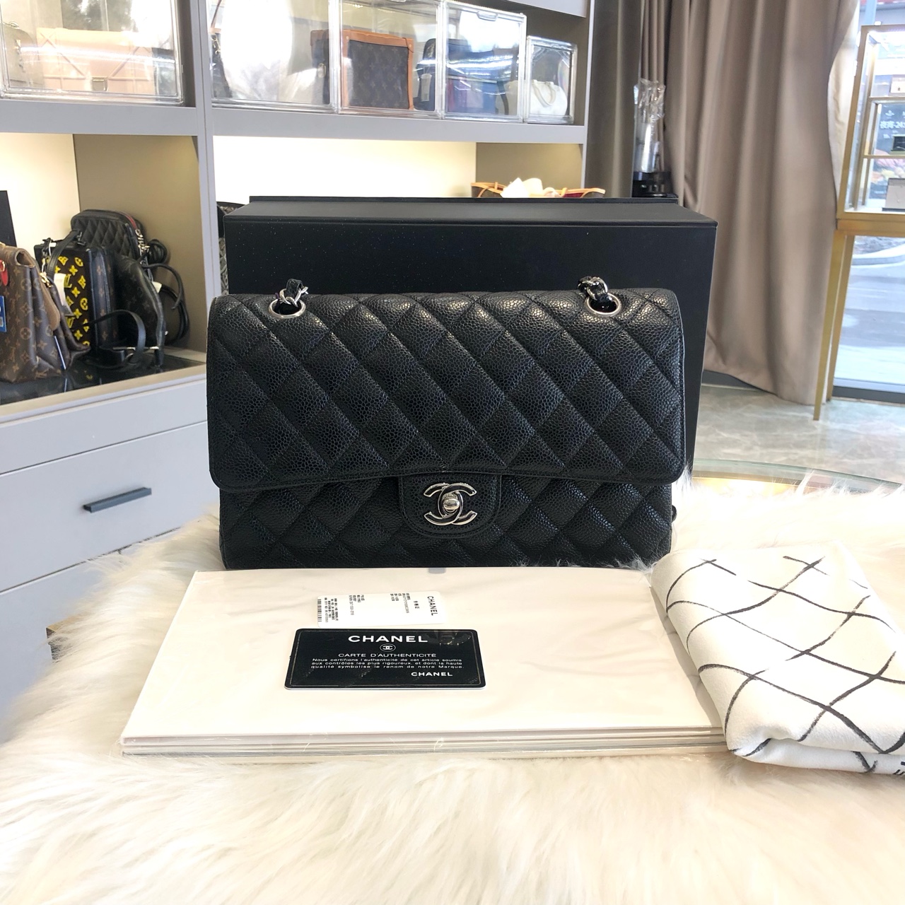 99新  【归集奢品】Chanel/香奈儿CF中号黑银荔枝斜挎包