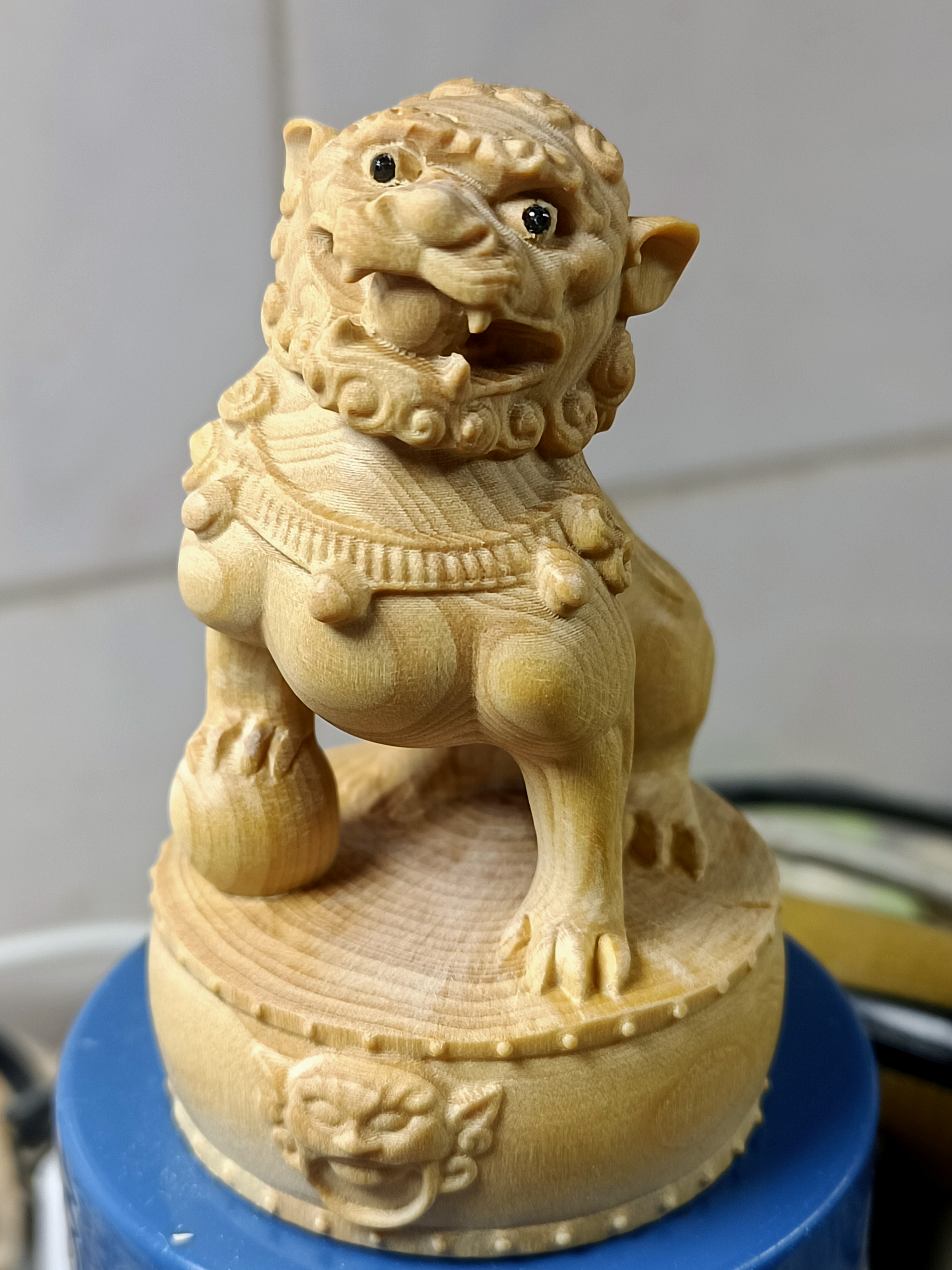 小叶黄杨木雕战鼓对狮摆件家居办公摆件工艺品可收藏亦送礼