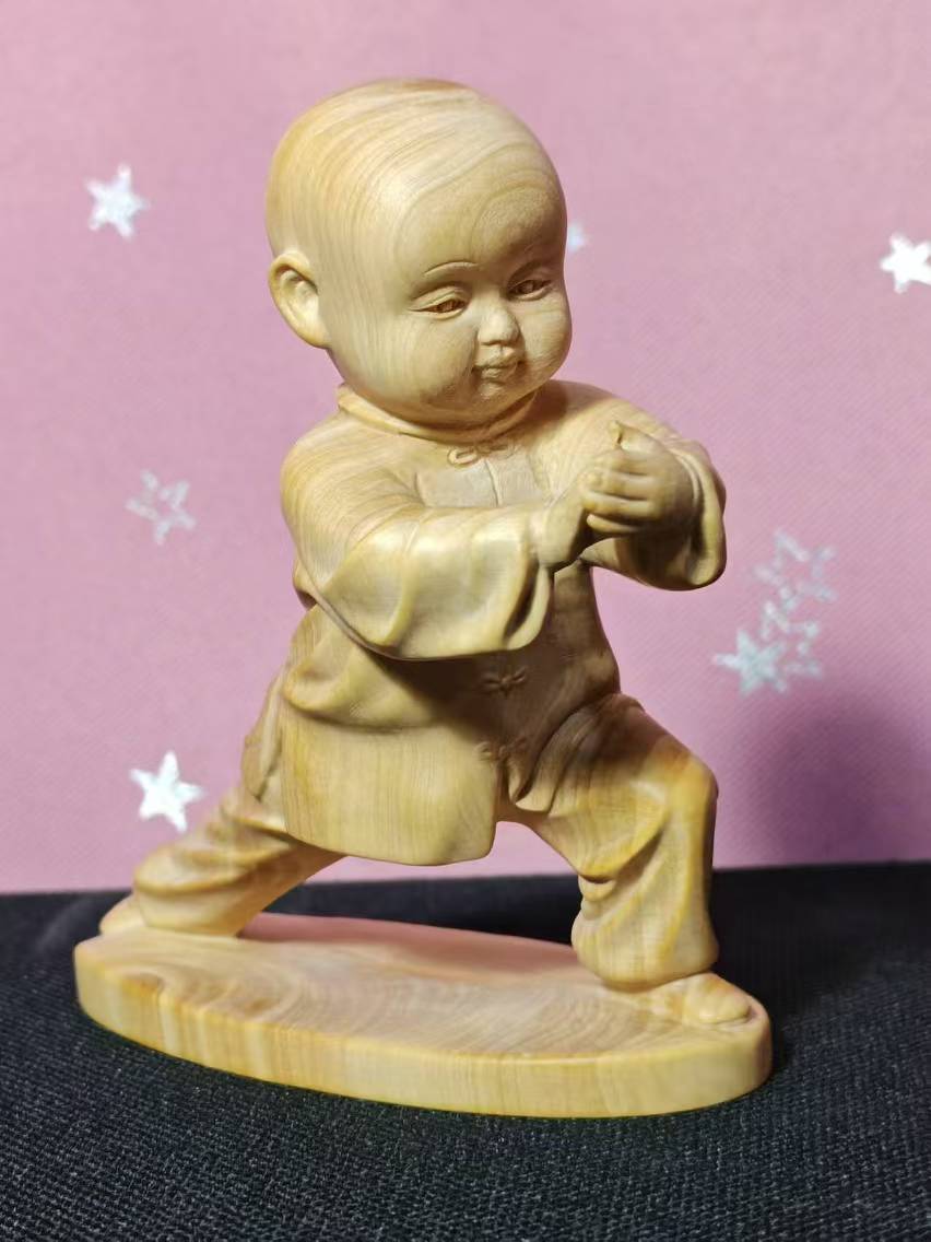 小叶黄杨木雕功夫小子居家办公摆件高10公分宽9公分收藏送礼佳品