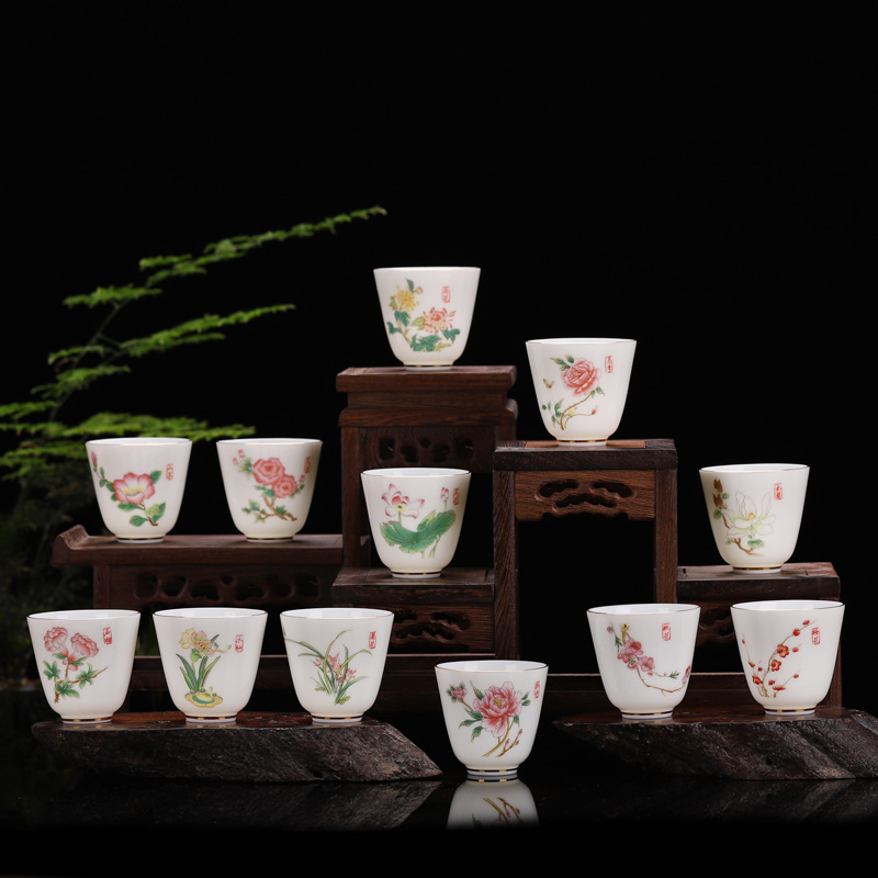 陶瓷品茗杯羊脂玉功夫茶具小茶杯茶碗茶盏白瓷主人杯十二花神杯
