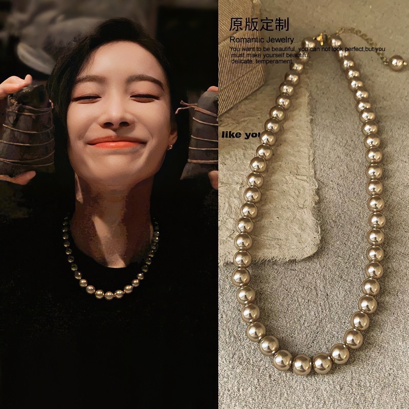 合金仿珍珠项链 灰珠珠项链颈链高档大气毛衣链小众设计感锁骨链