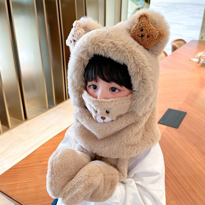 儿童冬季帽子围巾口罩手套一体加绒小熊男童三件套女童防风套头帽
