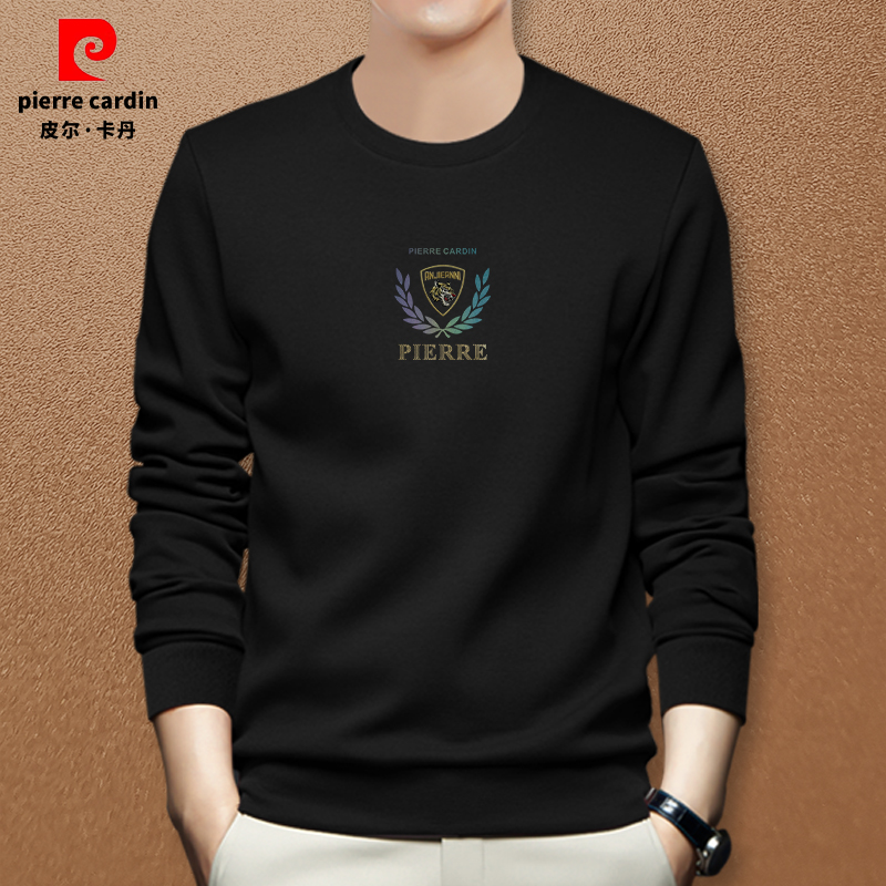 皮尔卡丹男士潮牌大码黑色圆领长袖卫衣男装虎头印花打底百搭外套