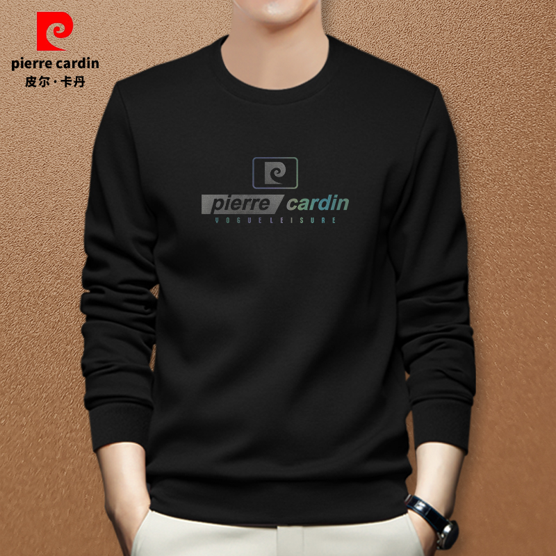 皮尔卡丹秋冬新款无帽男士圆领潮流卫衣男士大码长袖字母印花卫衣