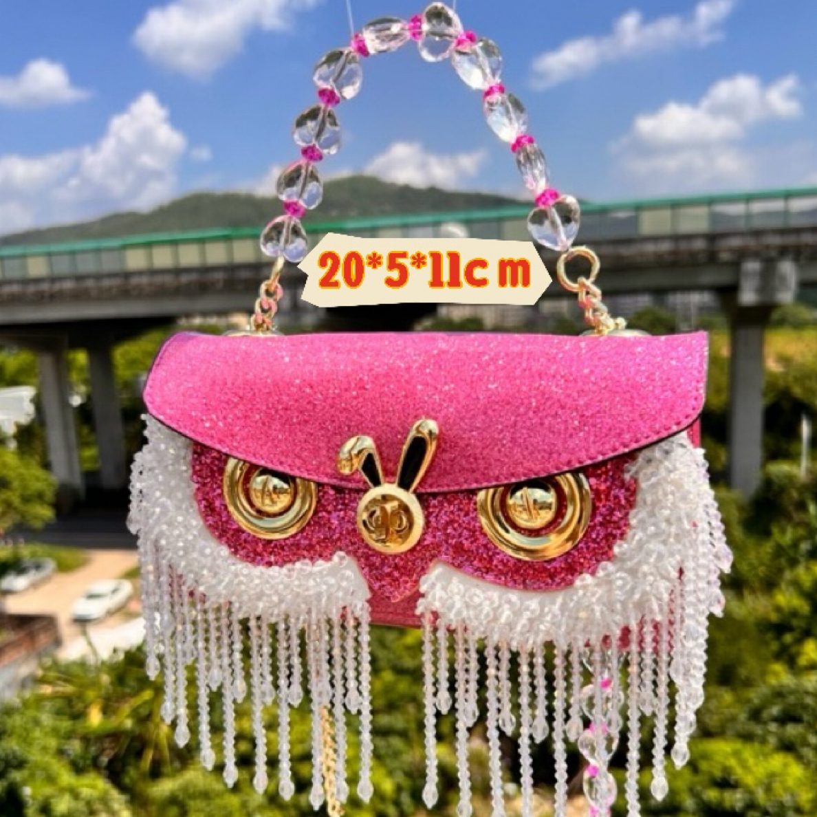 《玫红色散沙手机包》明星同款甜星兔正品手工水晶串珠横款网红女包