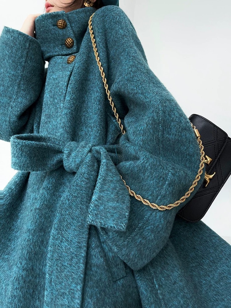 羊毛长大衣蓝色气质经典斗篷冬季双面呢外套3272