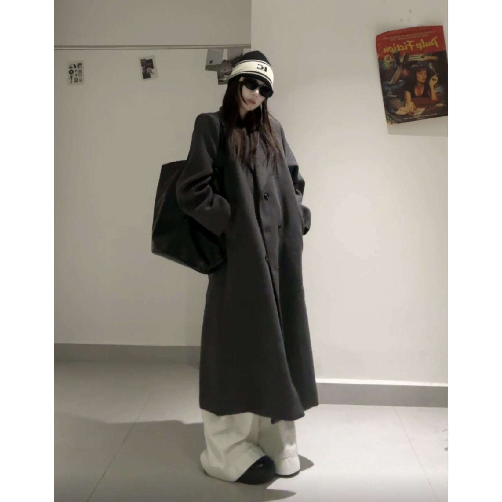 韩版ins复古大衣女秋冬新款高级感气质黑色呢子宽松西装毛呢外套