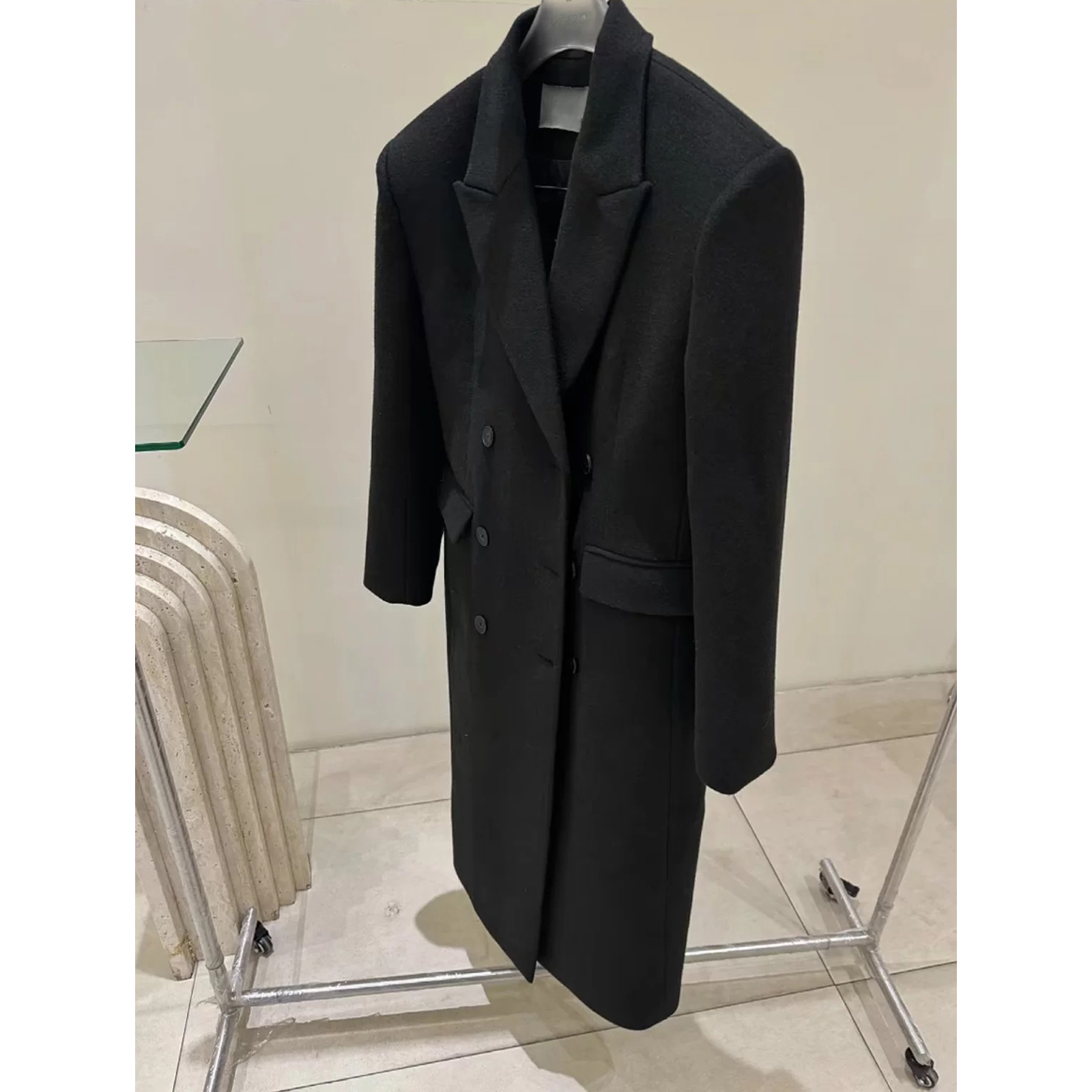 黑色大衣女冬季韩版高级感气质百搭正肩夹棉衣加厚中长款毛呢外套