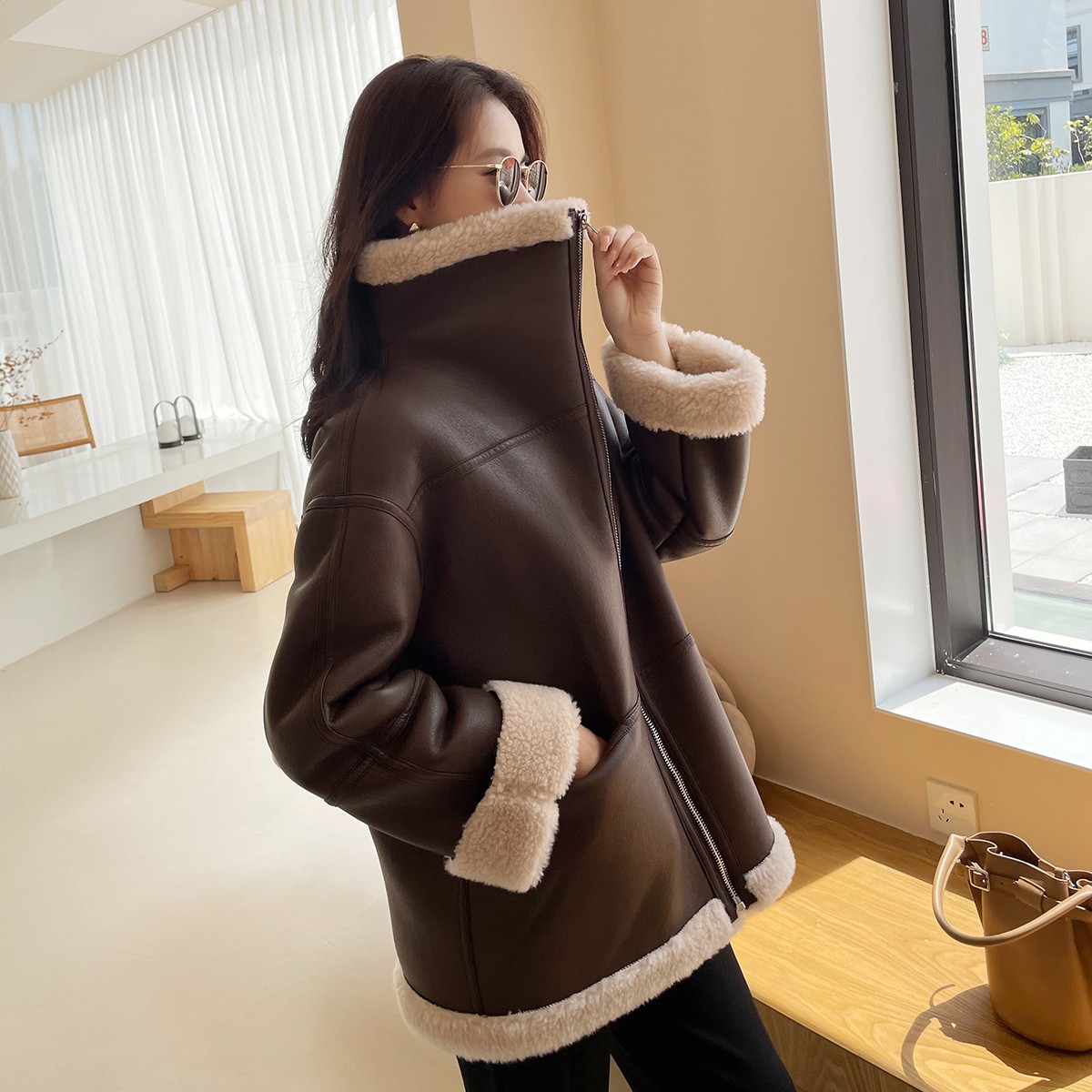 全羊毛美利奴外套羊羔毛一体廓形皮毛中长款女2023新款冬季