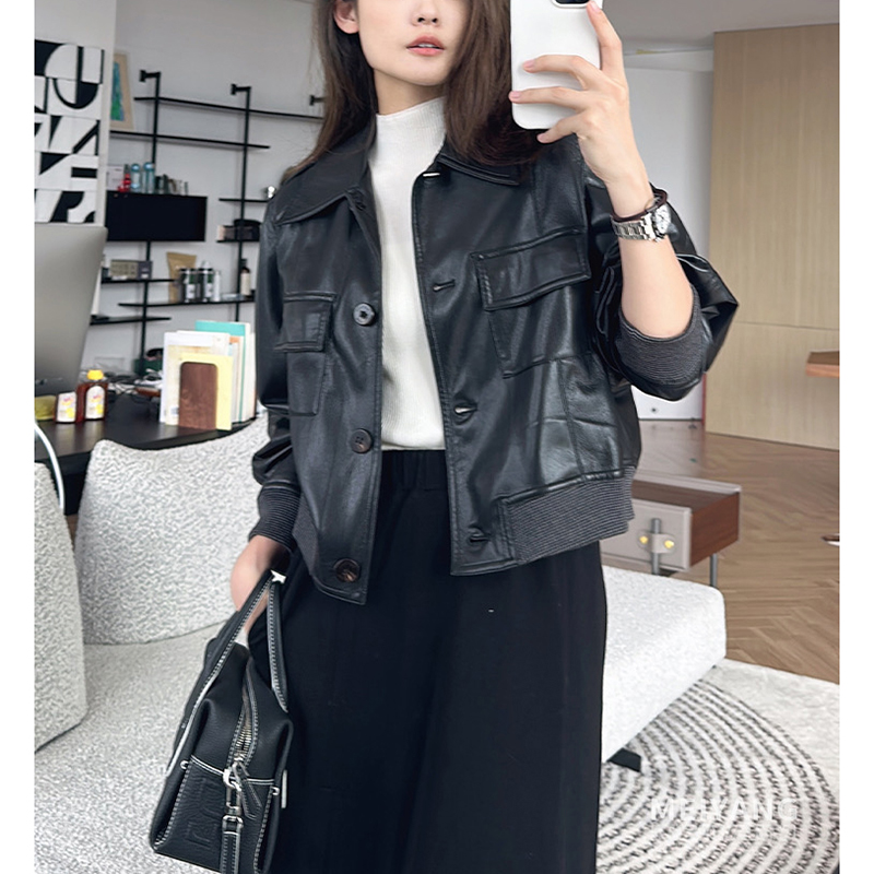 复古美式绵羊皮真皮衣外套休闲外套小羊皮皮夹克装春秋进口短款女