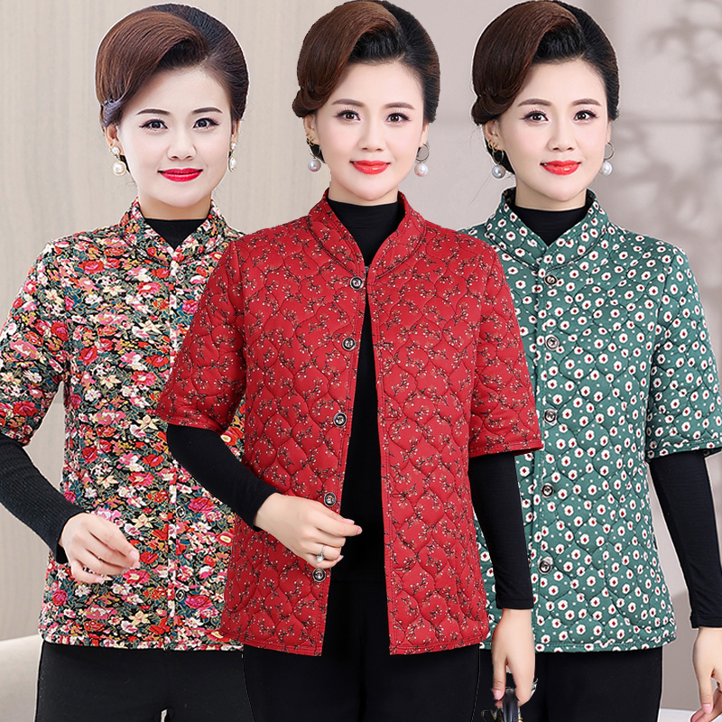 妈妈中袖坎肩保暖外套半袖马甲中老年女装夹棉马甲冬季加厚背心