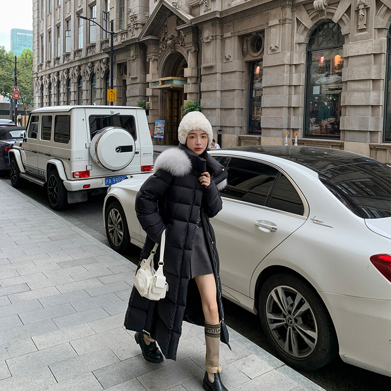 2024新款冬季过膝连帽羽绒服女白鹅绒中长款狐狸大毛领皮草外套
