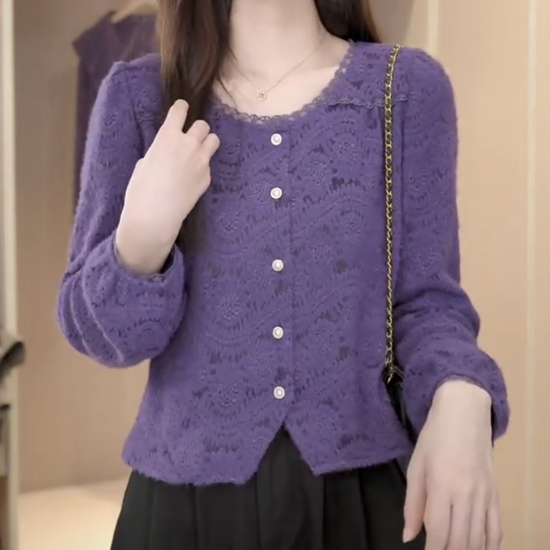 【大脸哈】法式花边长袖衬衫女秋冬新款甜美圆领上衣设计感宽松小衫