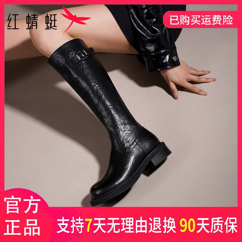 红蜻蜓女士时尚百搭厚底秋冬保暖黑色粗跟圆头骑士过膝长筒时装靴