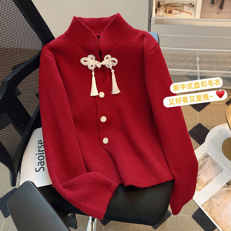 2025早春新中式流苏红色毛衣设计感洋气盘扣显瘦立领开衫网红毛衣