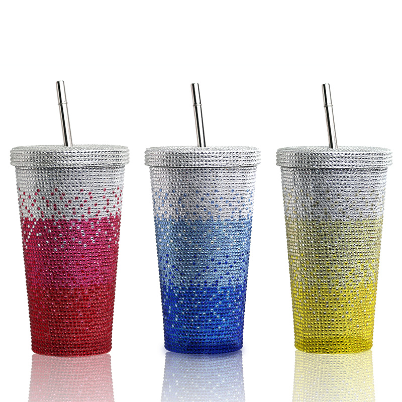 创意渐变色镶钻闪亮吸管带盖不锈钢304满钻水杯冰霸杯礼物收藏