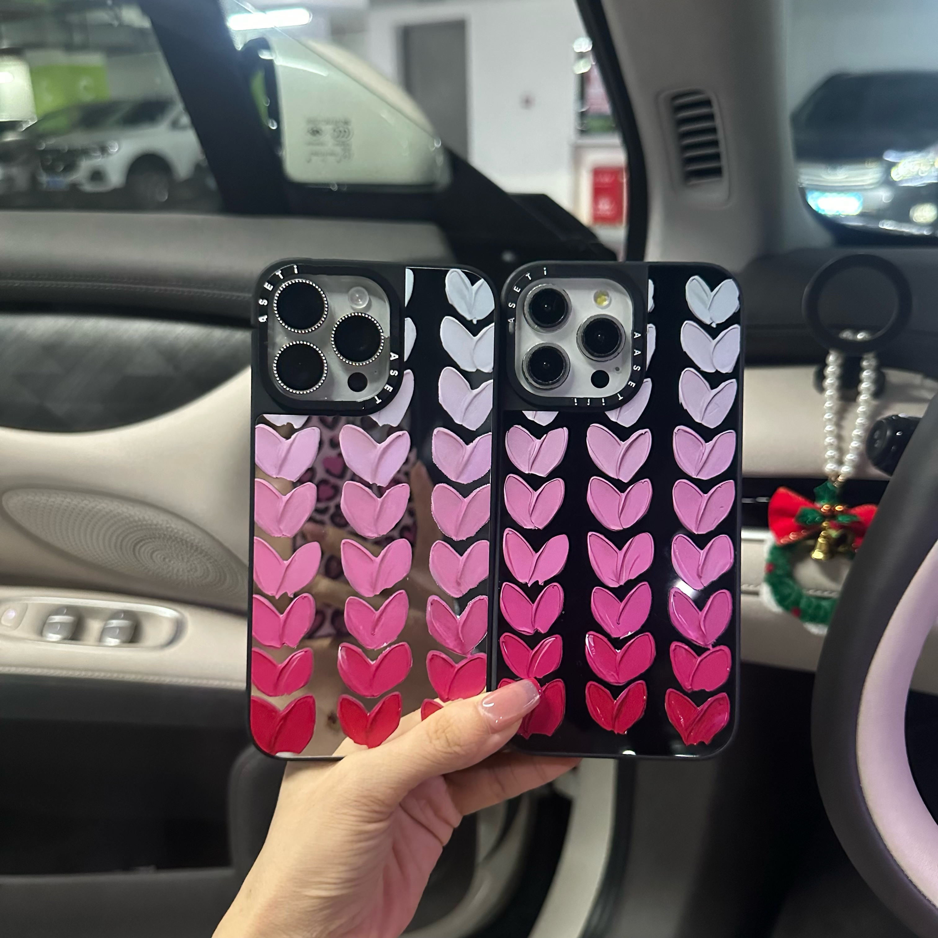 【高版镜面】渐变粉爱心镜面苹果手机壳适用iPhone15/11硬背软边防
