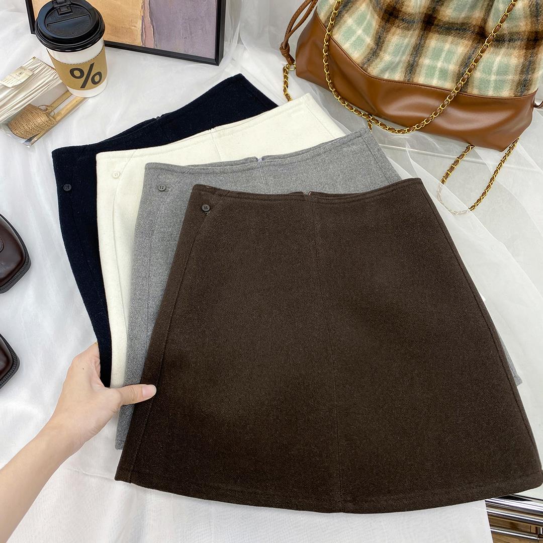 韩系复古洋气质百搭毛呢短裙女秋冬高腰一步包臀显瘦a字半身裙子