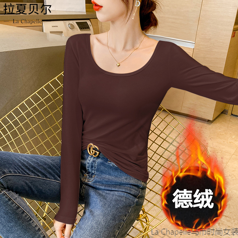拉夏贝尔内搭磨毛保暖上衣百搭女装打底衫女秋冬加绒加厚U领长袖