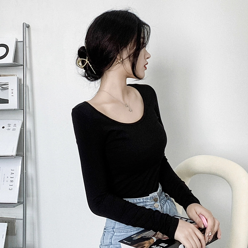 大u领黑色打底衫女内搭紧身加厚长袖上衣女秋冬显瘦配小西装打底