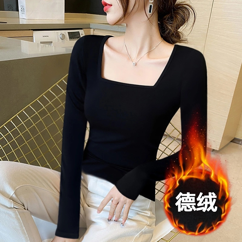 法式方领双面德绒长袖打底衫女秋冬修身显瘦磨毛加厚内搭T恤上衣