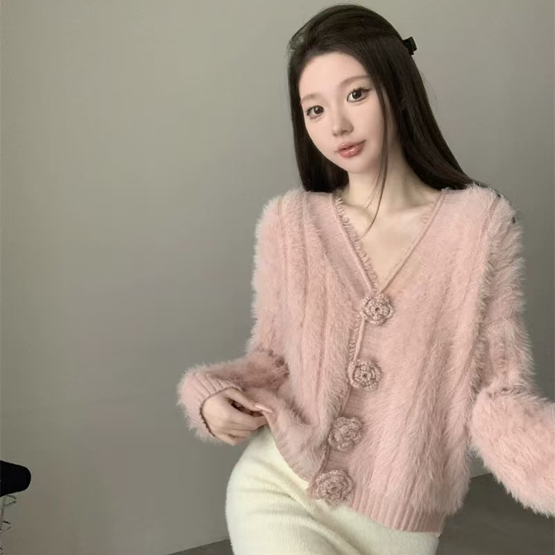 防水貂绒毛毛外套女秋冬外穿立体花朵v领宽松毛衣短款上衣