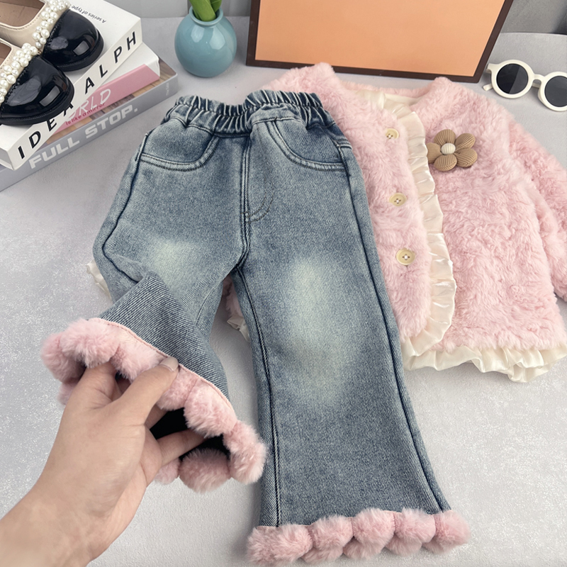 女童牛仔裤冬季加绒洋气喇叭裤女宝宝时尚百搭保暖韩版微喇长裤子