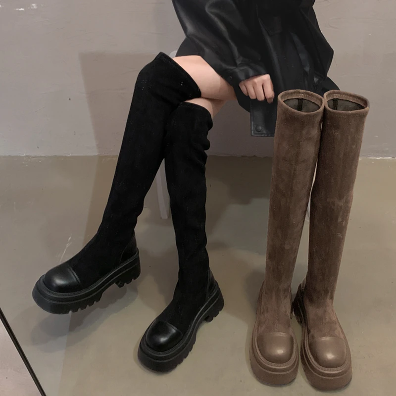 【贾不假】过膝靴女2025秋季新款小个子厚底复古风显瘦洋气弹力靴