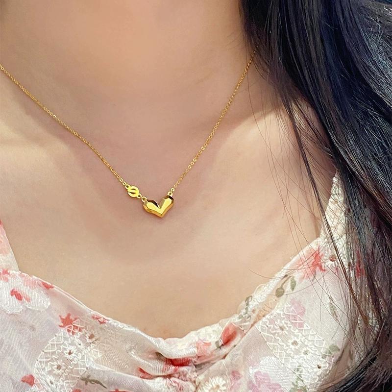 钛钢项链 洗澡不用摘女神E生几何立体心形桃心一心一意金色锁骨链
