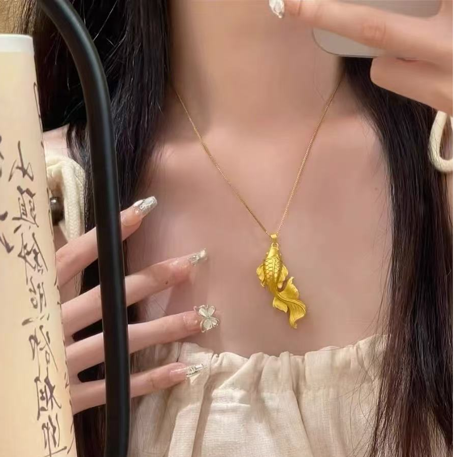 钛钢项链 A-04-盒子链年年有鱼吊坠精美锁骨坠链
