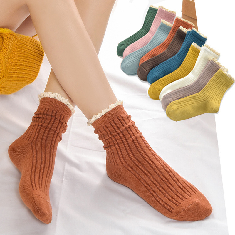 日韩蕾丝花边女袜 女士糖果色袜子 甜美中筒袜纯色复古堆堆袜
