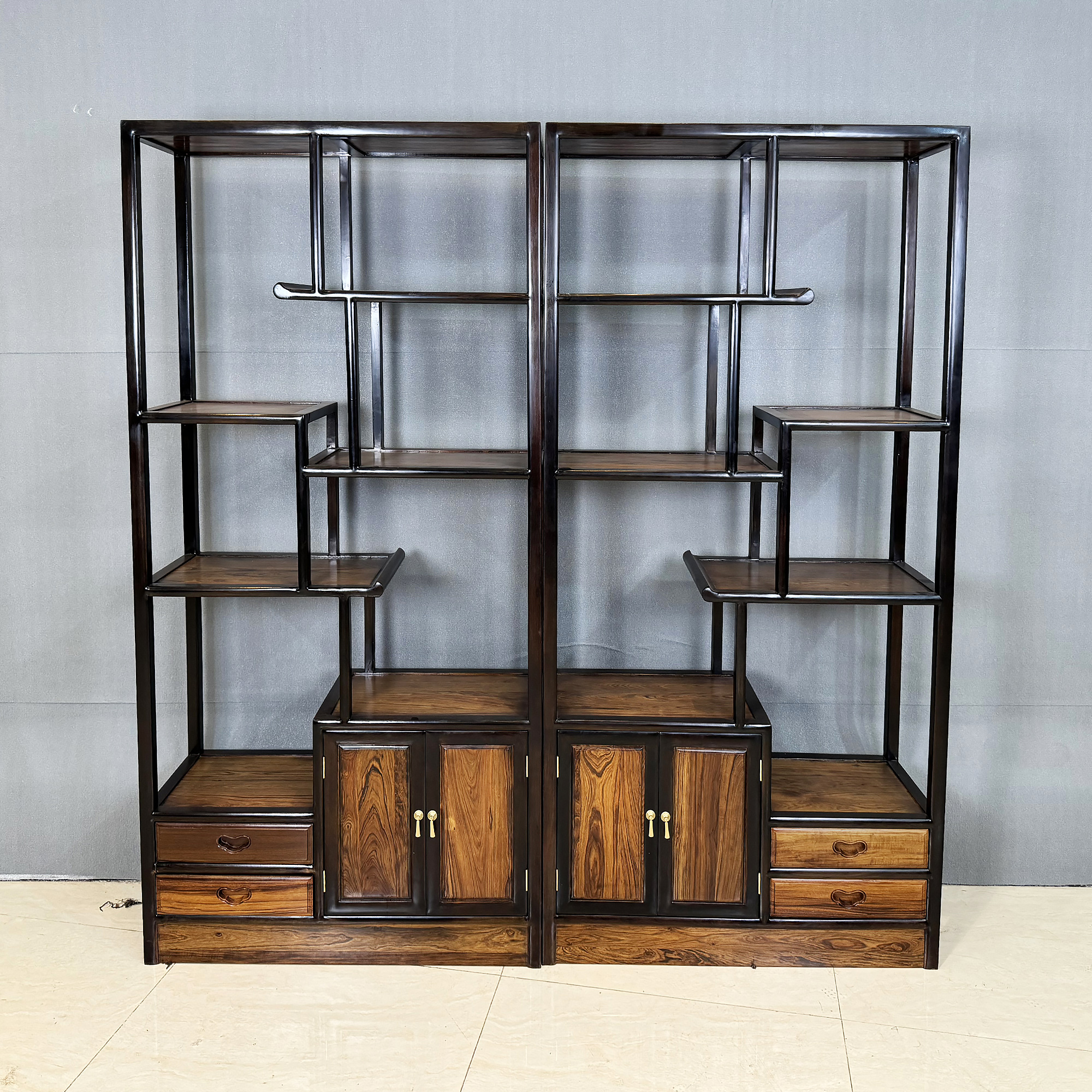 中式檀香拼色两组合家用办公两用置物博古架