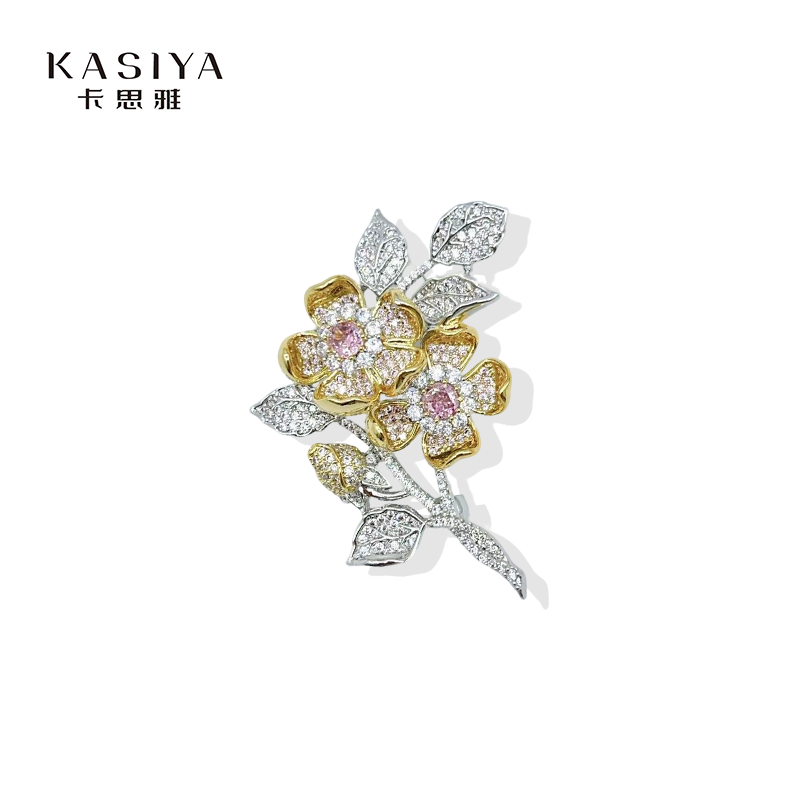kasiya/卡思雅 铜合金仿水晶胸针 精致时尚双花朵胸针搭外套