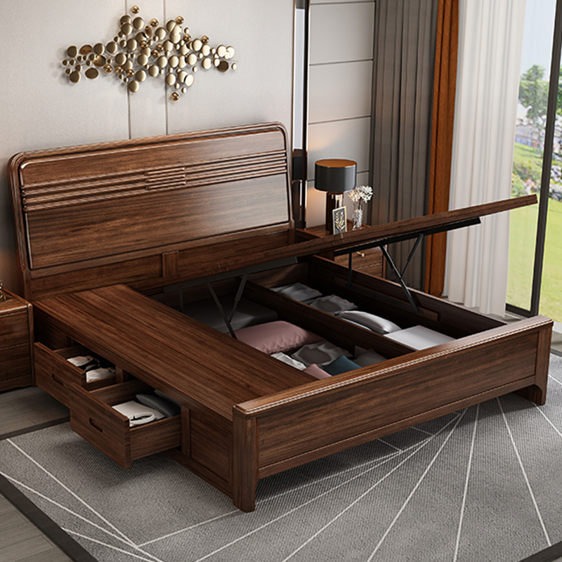 中式胡桃木实木床主卧现代简约2024年新款1米8大床高箱储物硬板床
