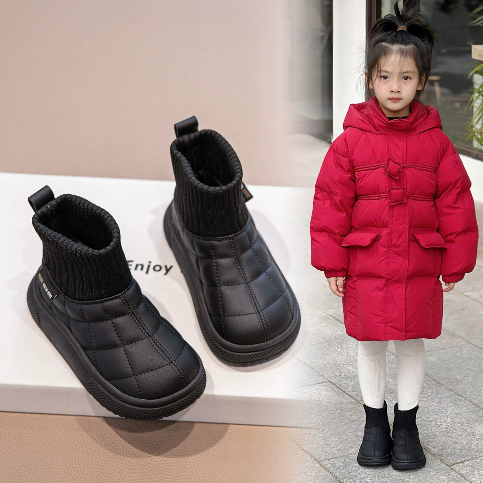 回力瑞女童雪地靴2023新款冬季儿童鞋子加绒加厚棉鞋女宝宝雪地棉
