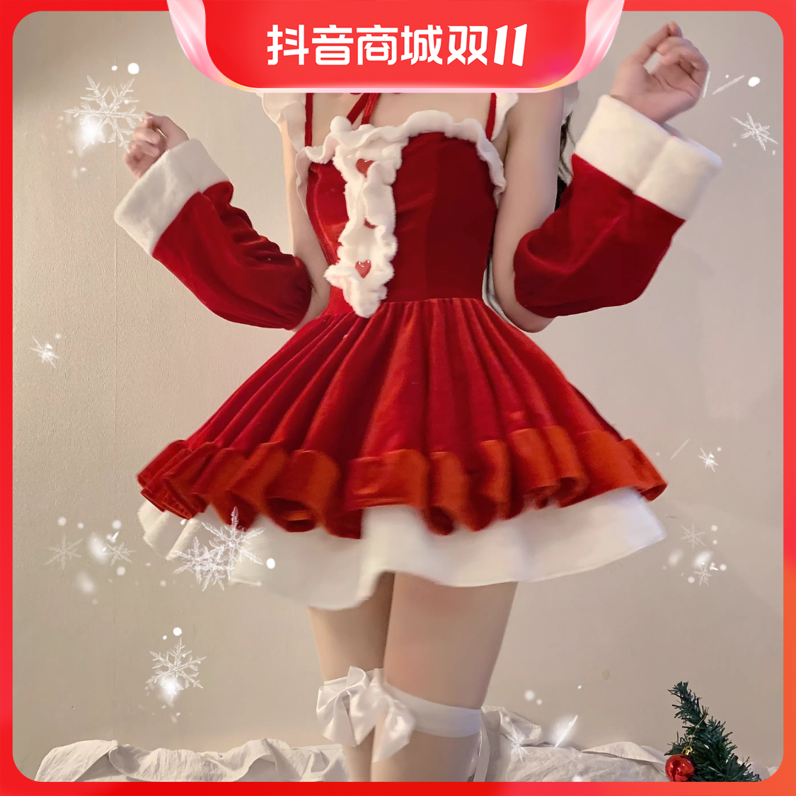 新年战袍万圣节可爱兔女郎连衣裙套装丝绒花边睡裙女纯欲甜辣妹网