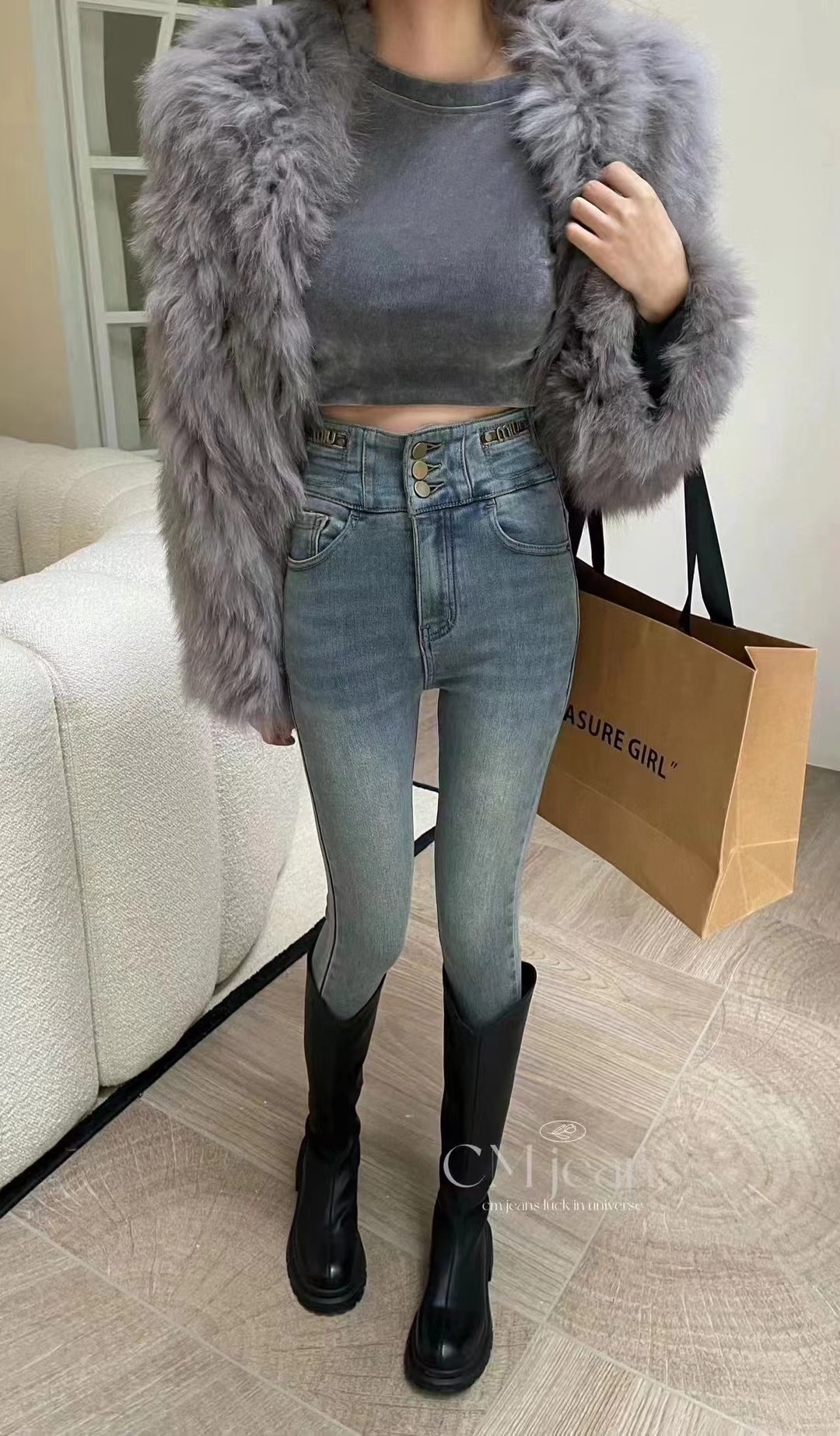 CM8050高腰排扣设计植绒牛仔裤2023冬季新款修身显瘦小个子小脚裤