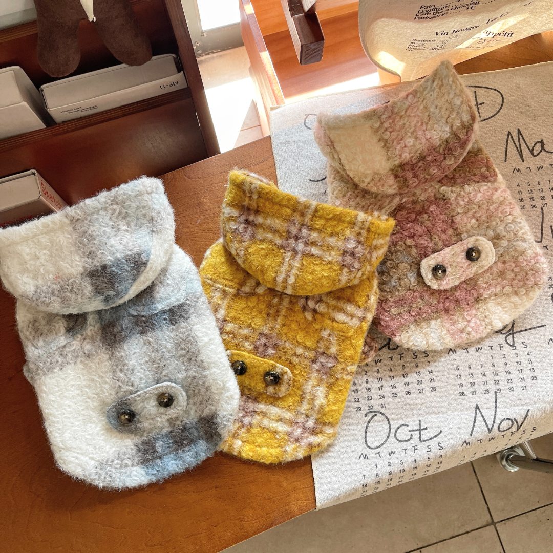 秋冬款狗狗猫咪韩版时尚加厚毛呢大衣连帽牛角扣大衣