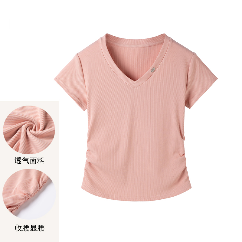 NG新款2025夏季V领白色正肩短袖褶皱修身显瘦女