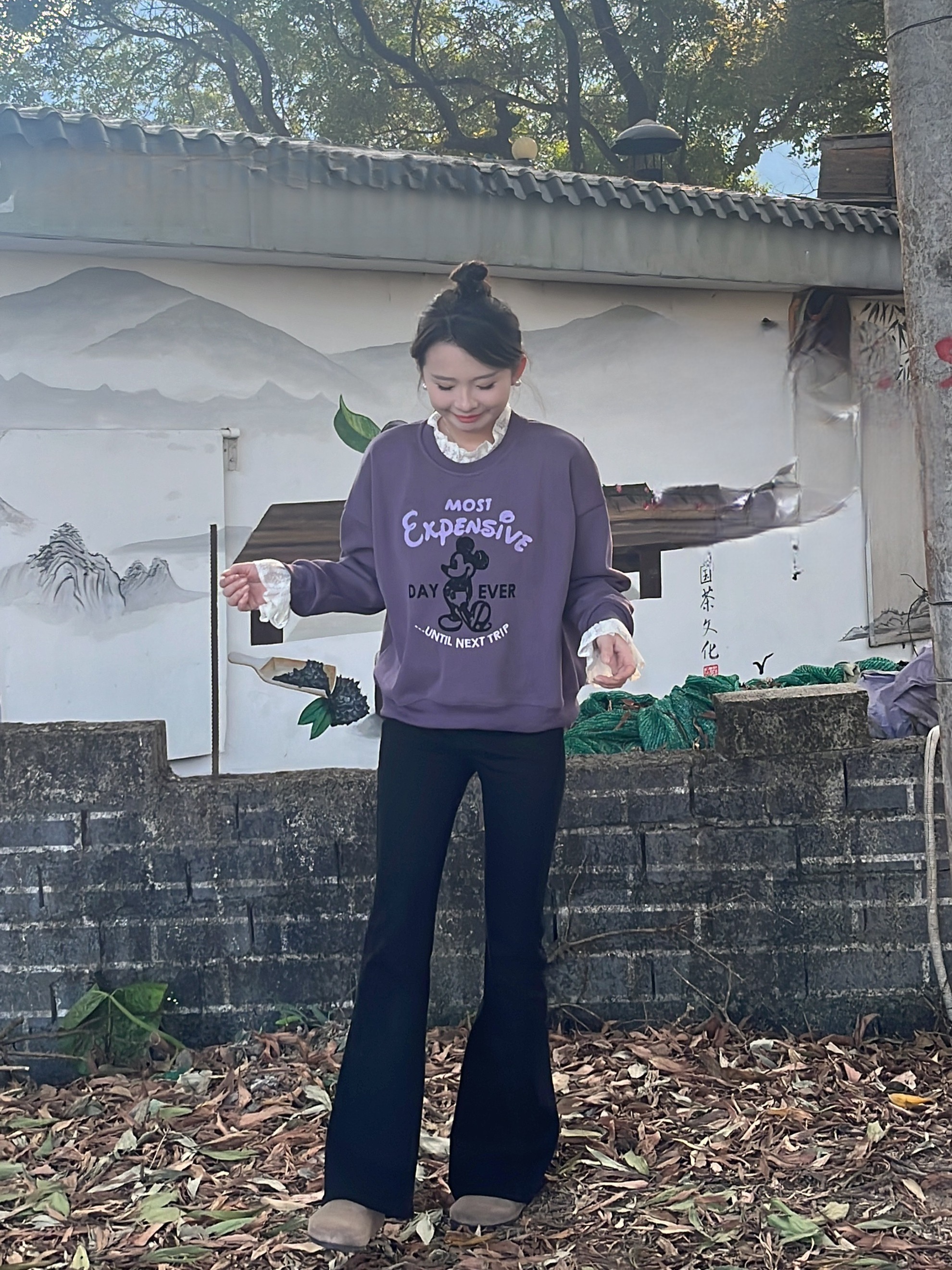 清仓黑色微喇牛仔裤女春高腰美式宽松不贴腿小个子垂感阔腿喇叭裤