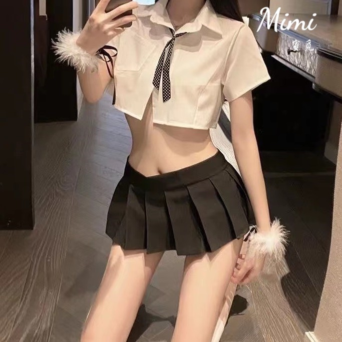 百褶没内衬超迷你短款睡裙性感走光少女全套睡衣齐臂裙显瘦白色jk