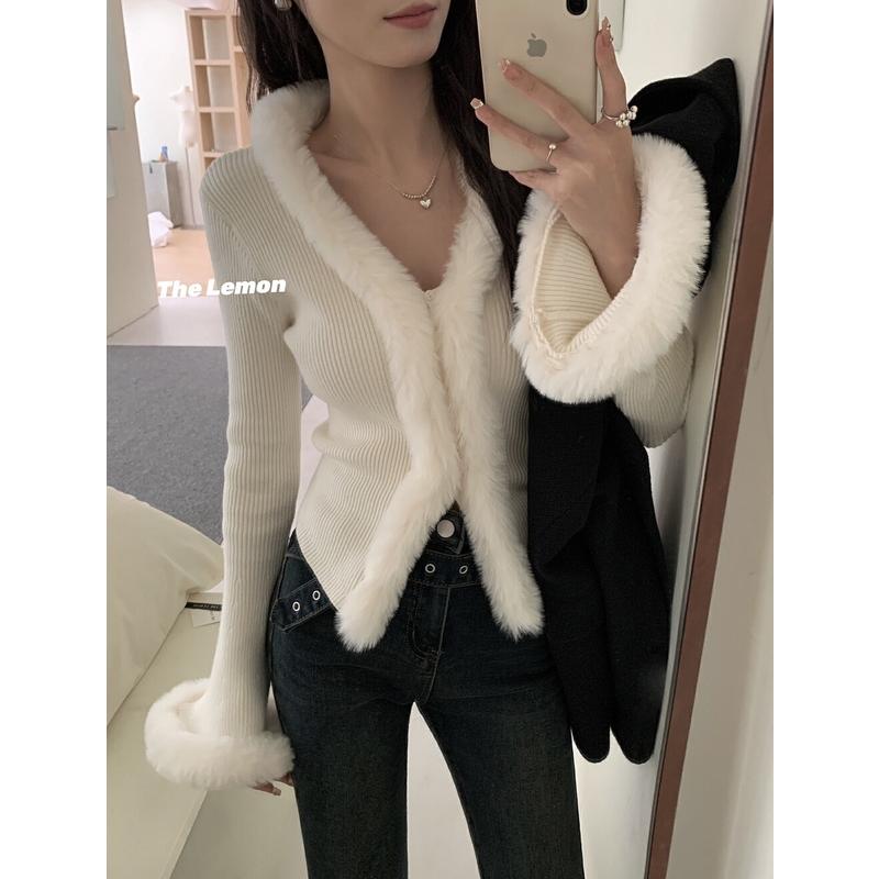 秋冬新款V领长袖喇叭袖毛毛拼接修身显瘦辣妹针织衫上衣打底衫女