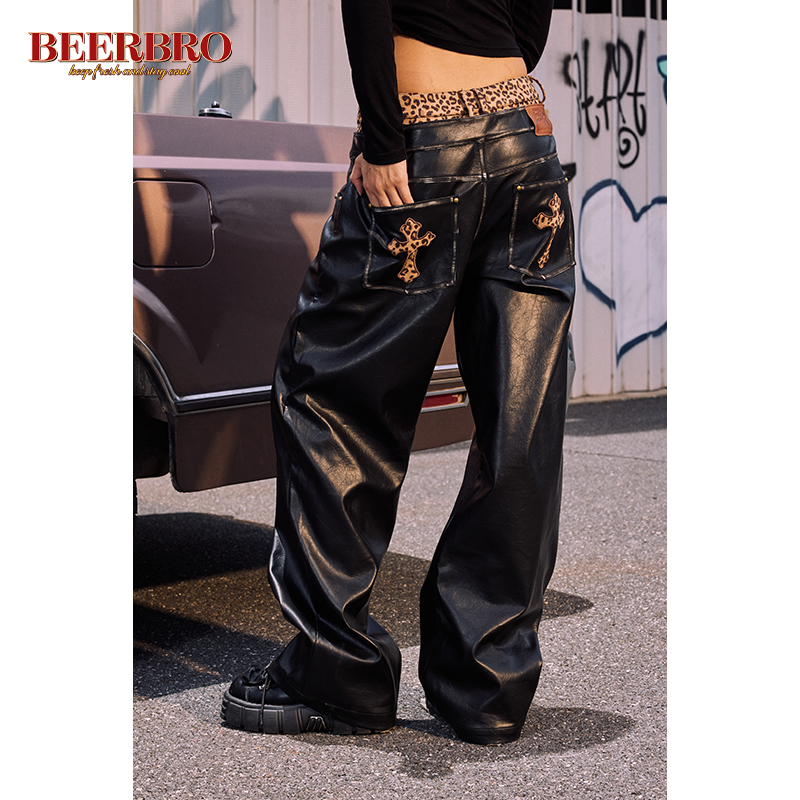 BZ24QLM183-1PT 美式复古辣妹假两件宽松休闲皮裤