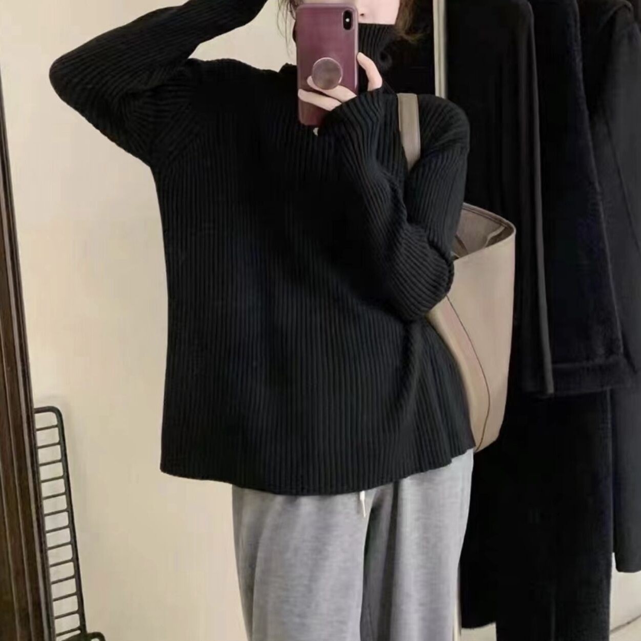 多色竖条高领针织显瘦百搭打底衫