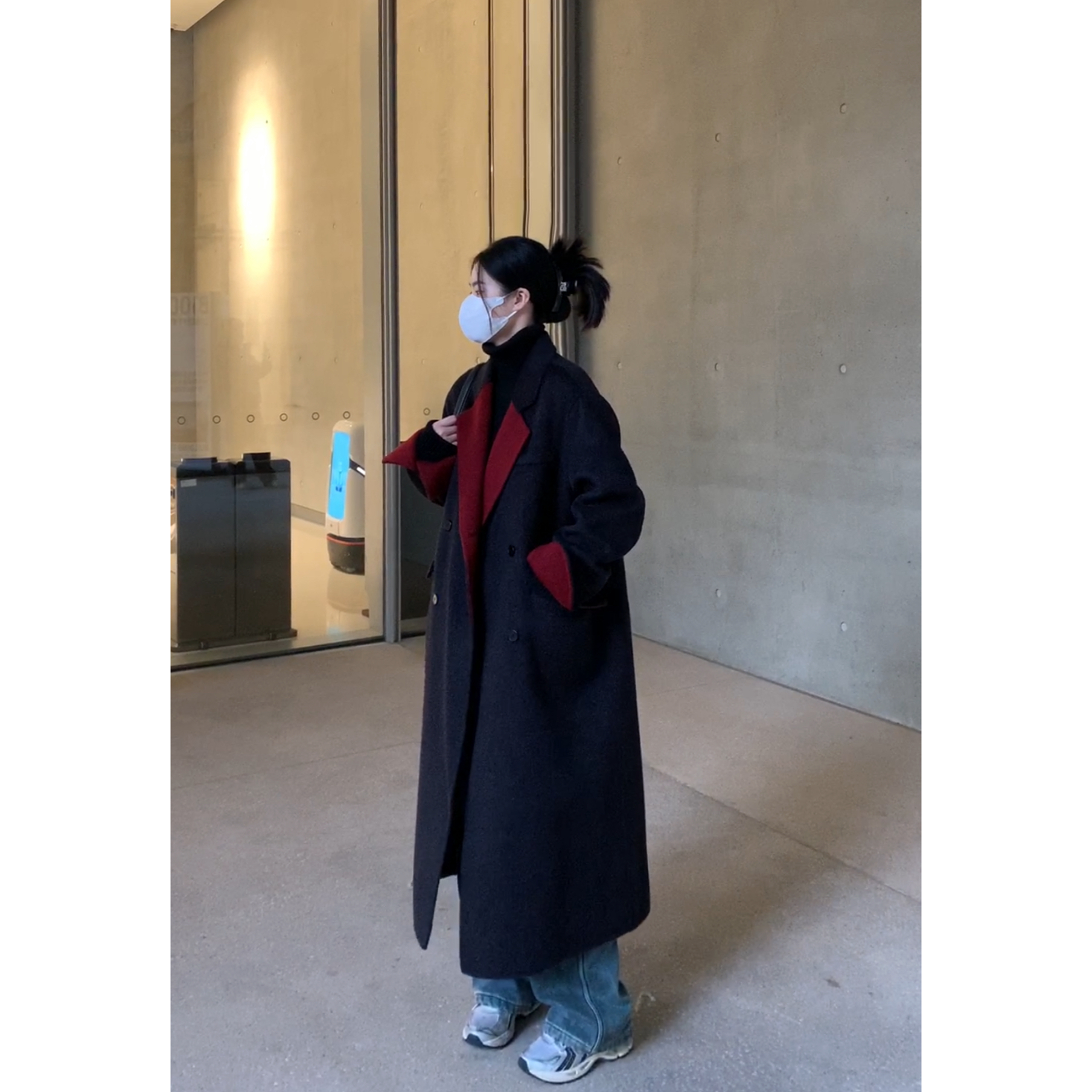 【都市岛屿】100羊毛拼色韩版中长款双面羊毛大衣高级感休闲外套