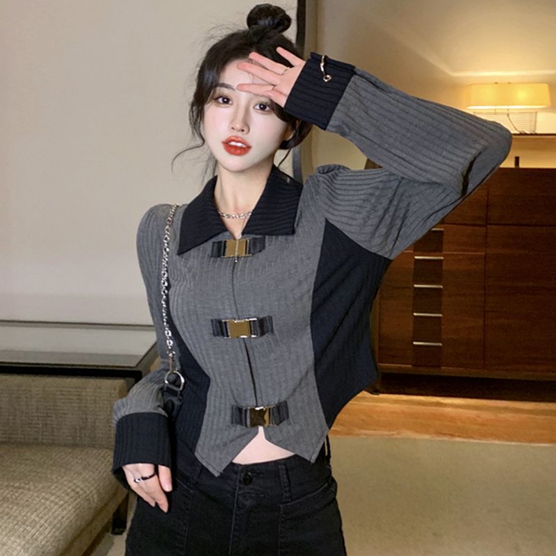 设计感女秋冬金属扣Polo领泡泡袖胖妹妹不规则短款显瘦上衣