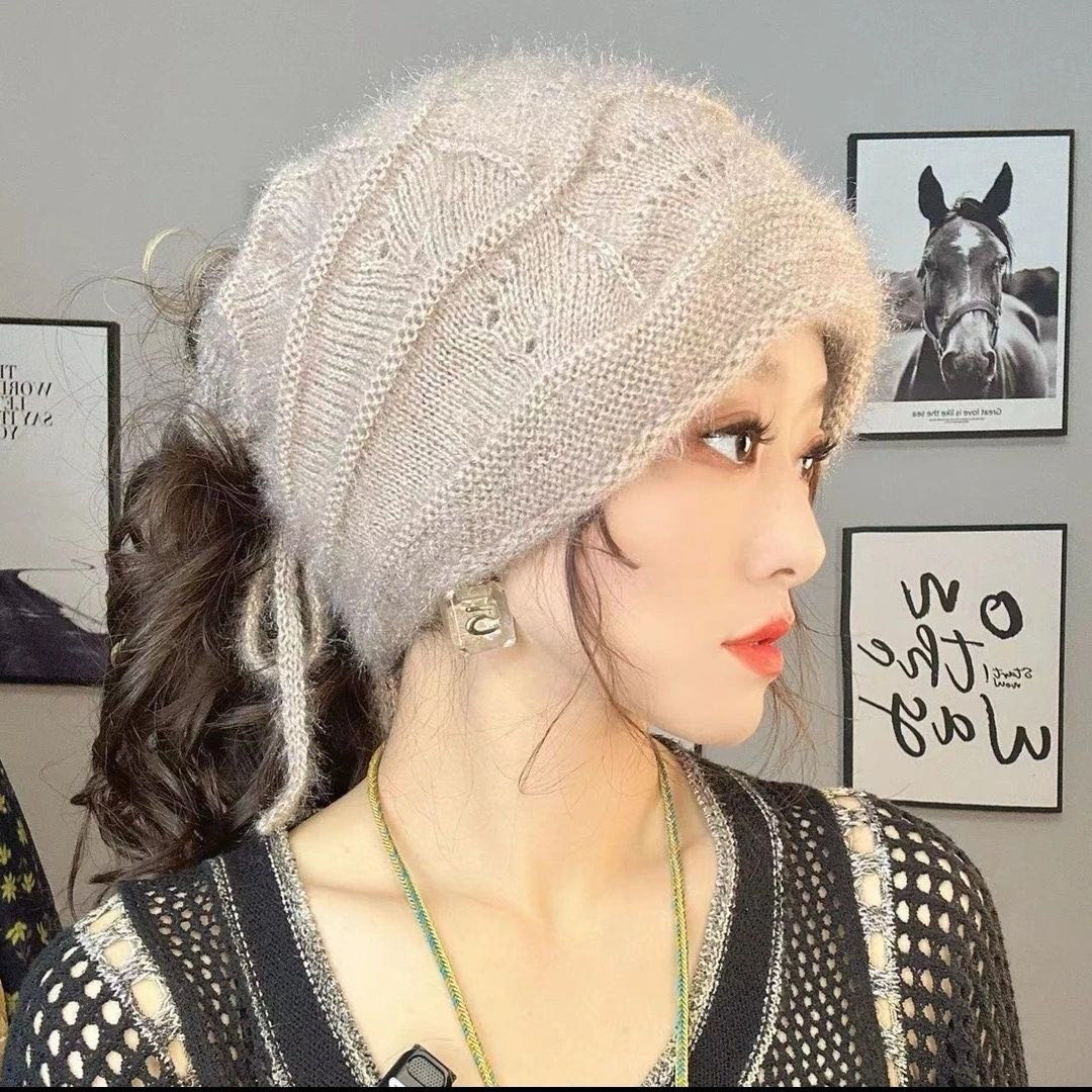 (一帽三戴-可扎马尾）波浪凤尾花抽绳款松鼠绒双层针织帽女堆堆帽