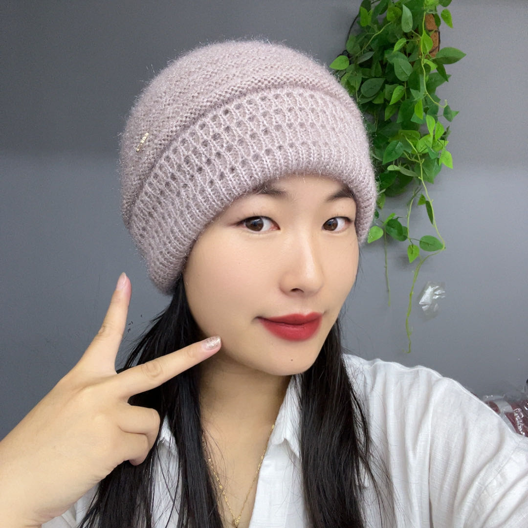 新款松鼠绒条纹镂空毛线针织帽加厚保暖双层堆堆帽百搭包头帽