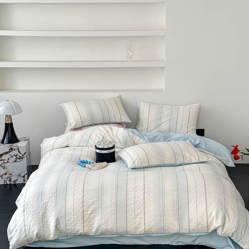 轻奢秋冬新款色织华夫格提花四件套全棉纯棉简约小清新被套床笠款